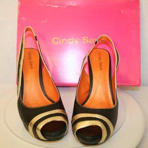 Cindy Says Pumpkin Black Gold Peep Toe Platforms